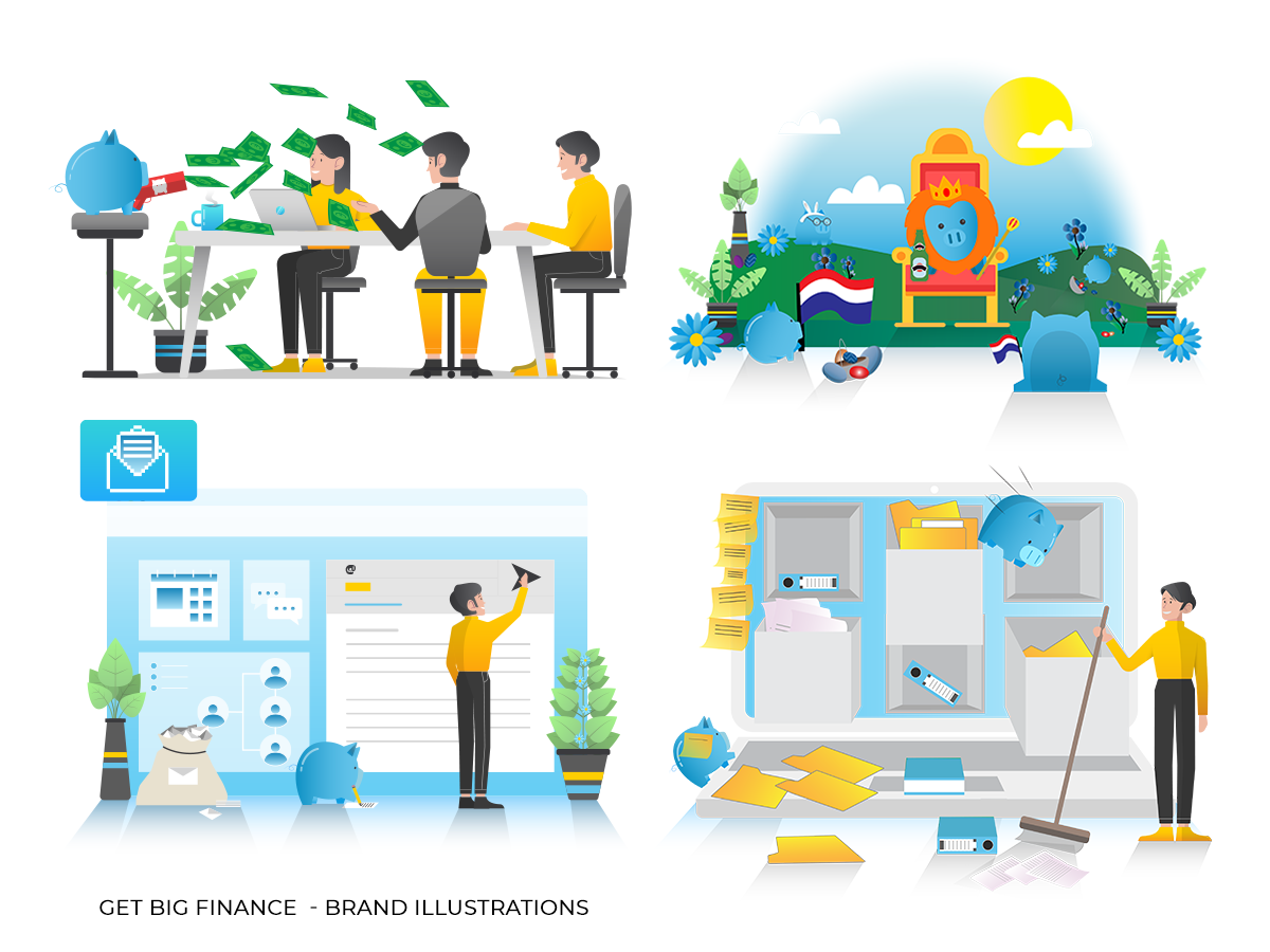 Set of flat brand illustrations for Get Big Finance showing financial collaboration, organization, digital tools, and growth.