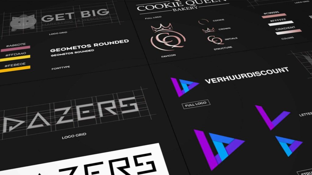 Logo branding presentation showing logo grids, typography, color palettes, and brand structure on a dark design background.