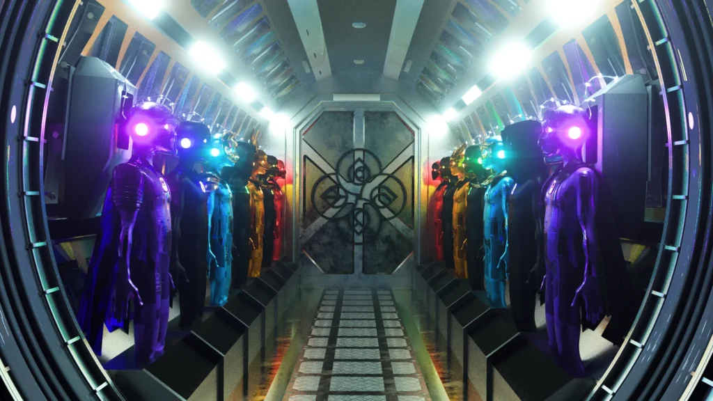 Futuristic corridor with rows of colorful humanoid figures, illuminated helmets, and symmetrical sci-fi architecture.