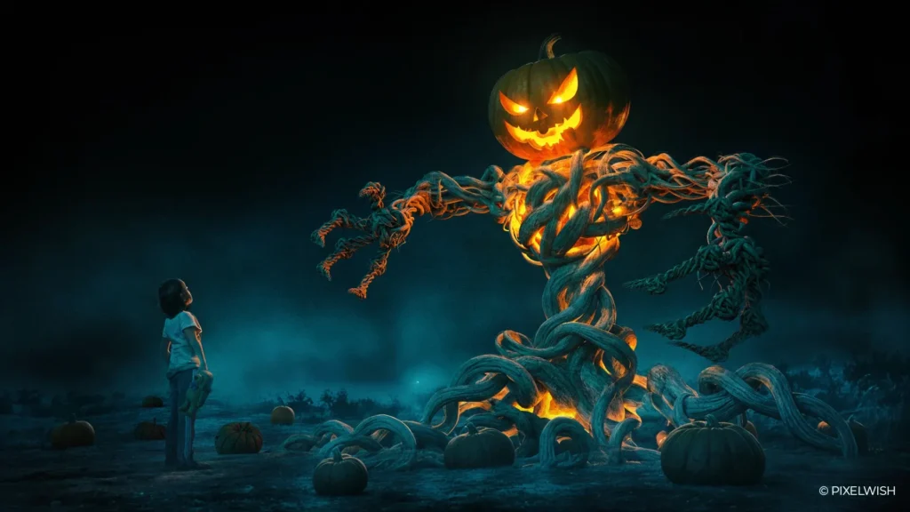 Dark Halloween concept art showing a twisted pumpkin creature made of glowing roots, facing a child in a misty night setting.