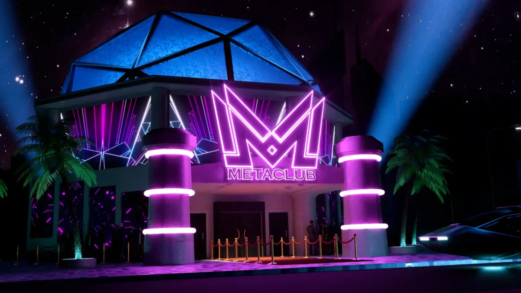 Futuristic MetaClub exterior with neon lighting, geometric architecture, and a glowing logo at night.