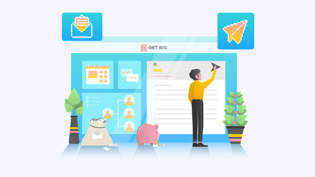 Illustrated email marketing and outreach dashboard created for Get Big, visualizing mailing campaigns, audience segmentation, and digital communication strategy